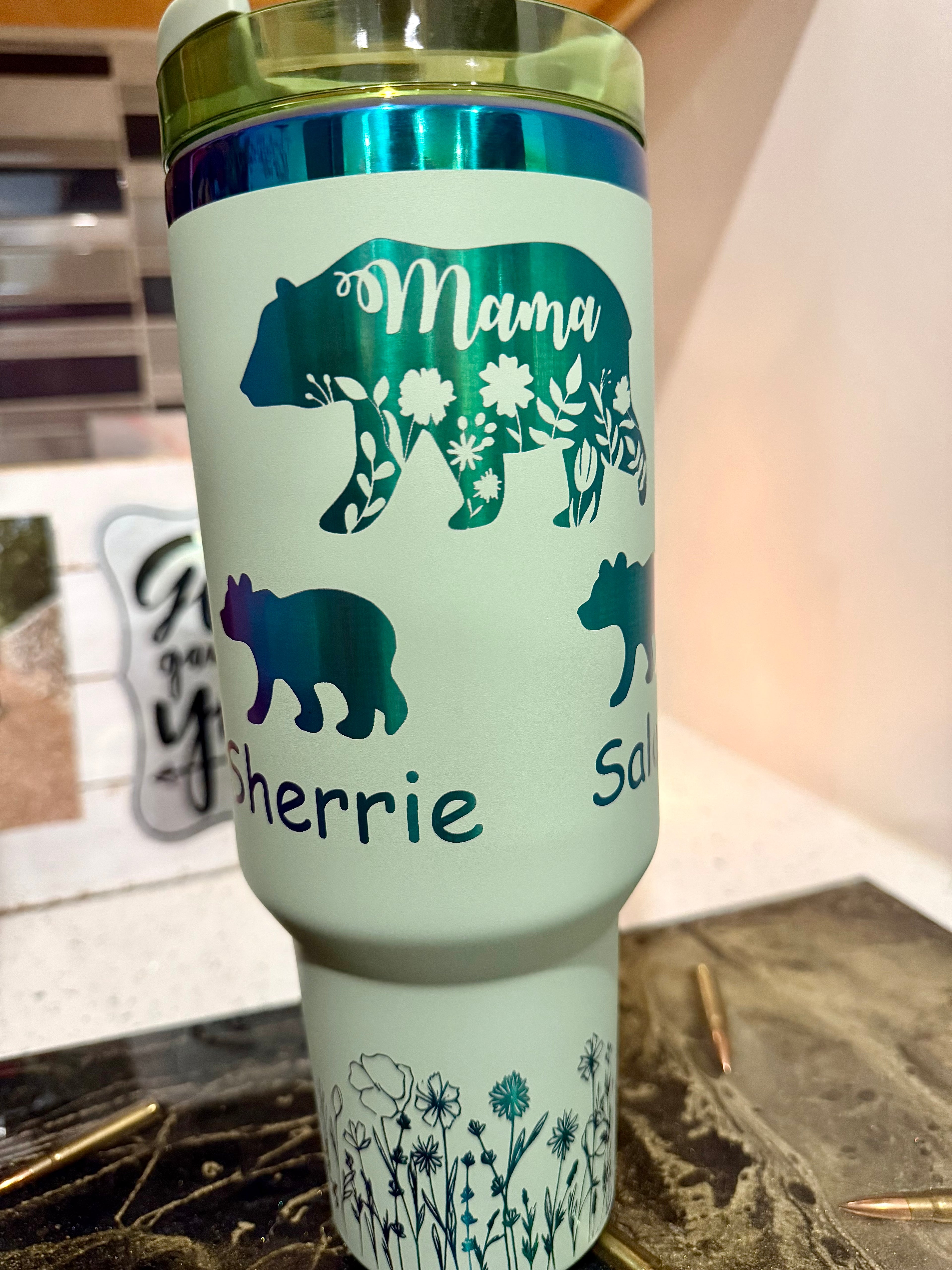 Momma bear and cubs laser engraved 40oz tumbler