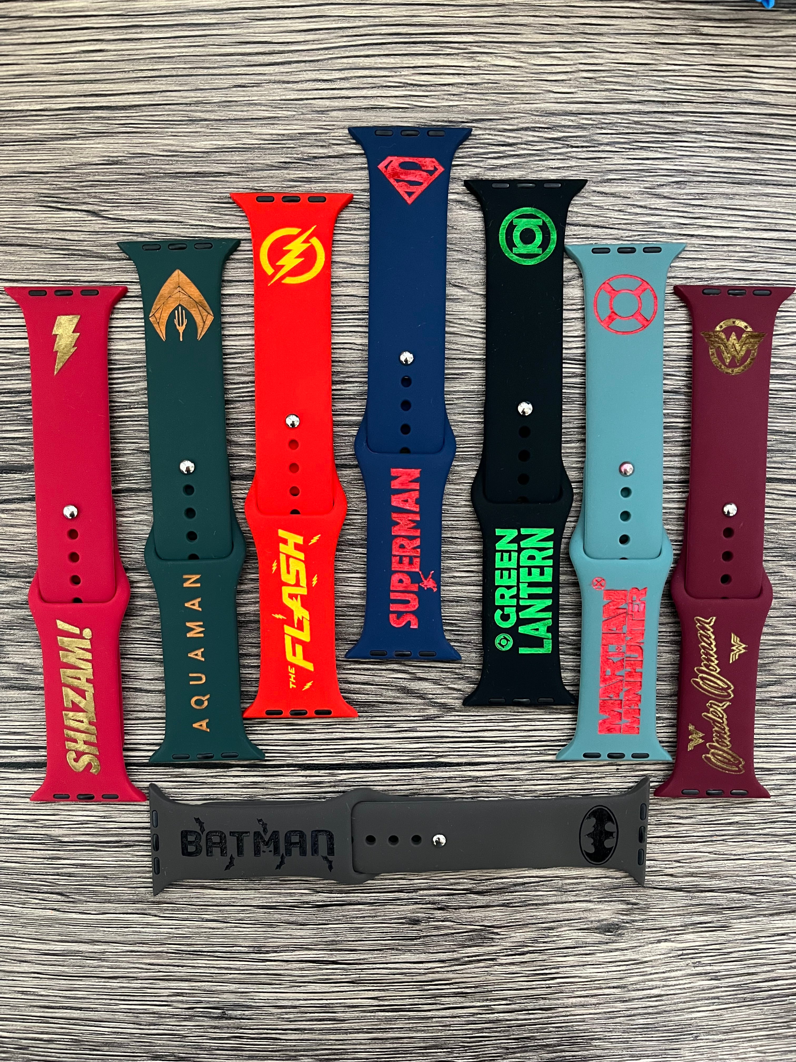 Marvel and DC comics themed laser engraved Apple Watch bands