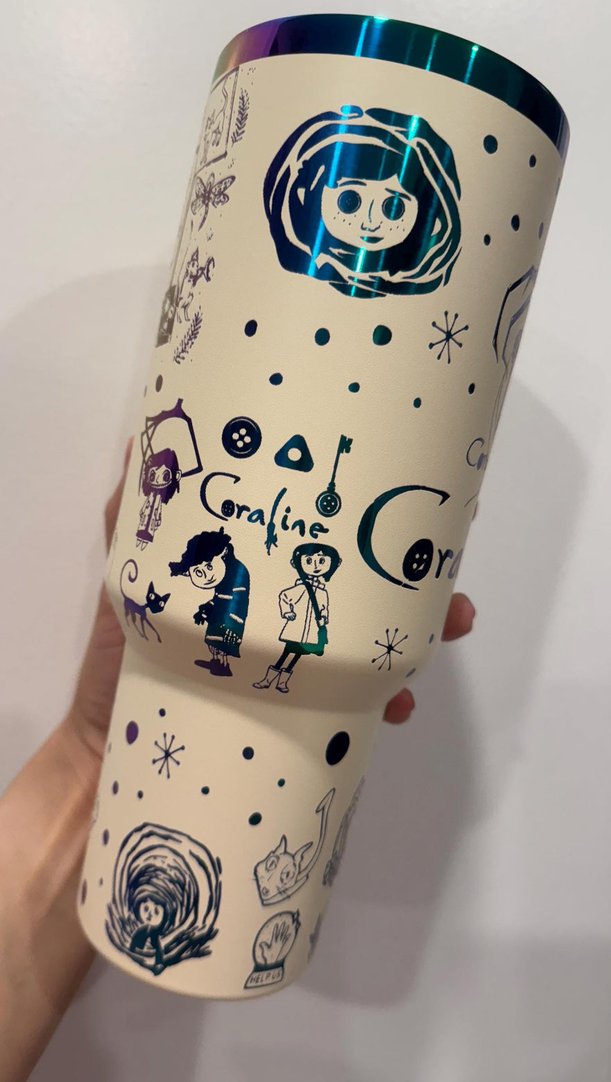 40oz laser engraved Coraline tumbler