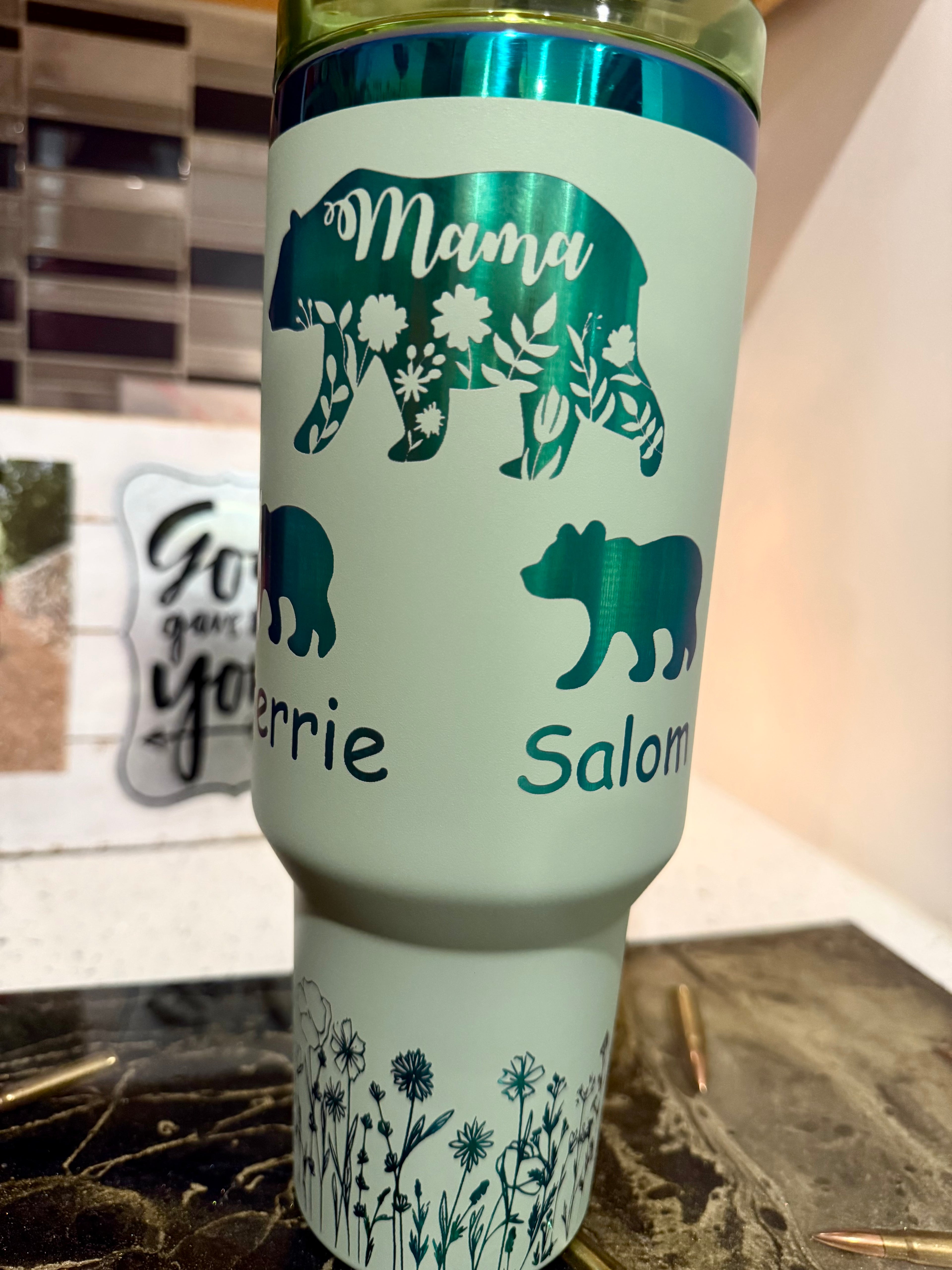 Momma bear and cubs laser engraved 40oz tumbler