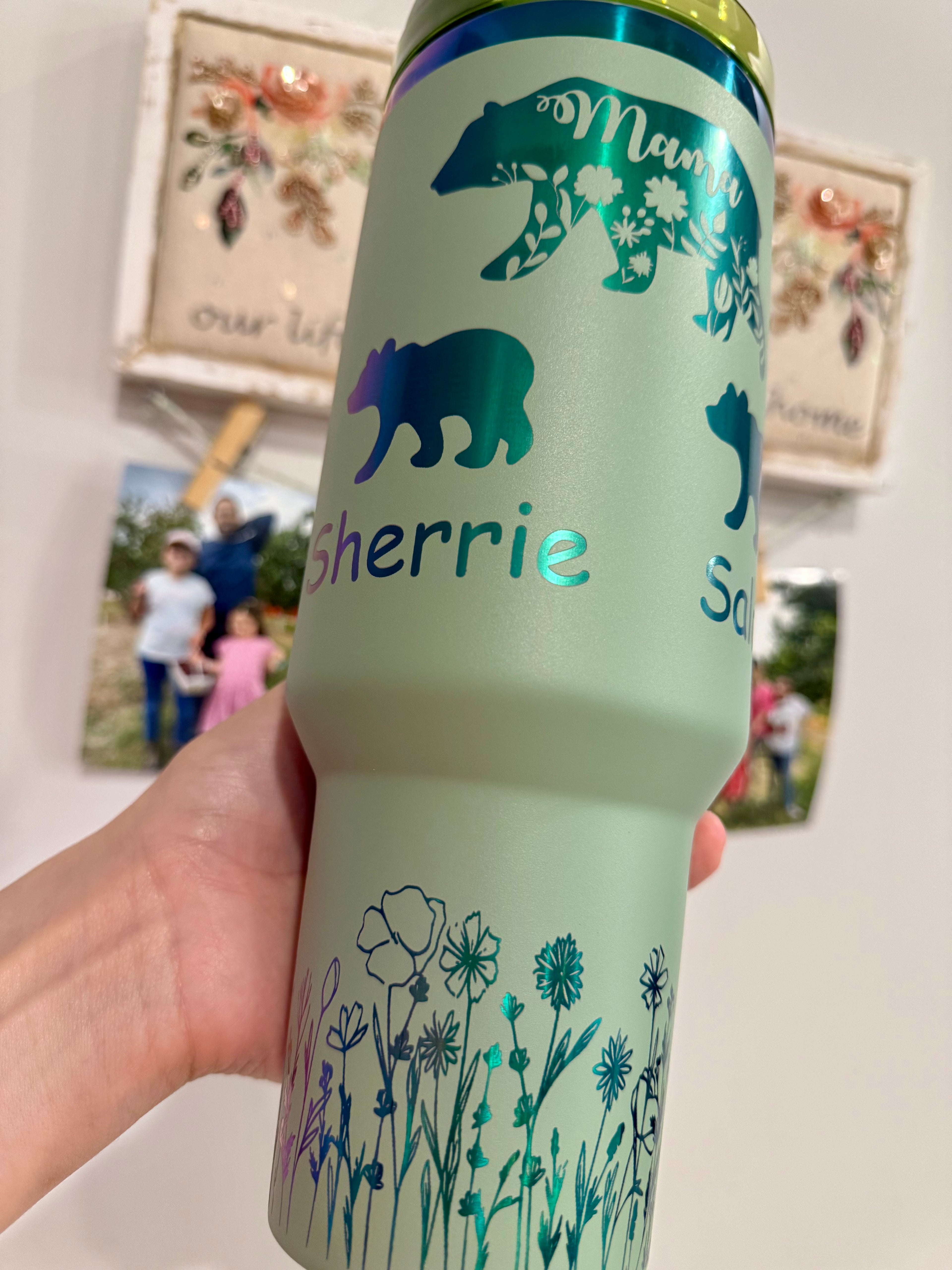 Momma bear and cubs laser engraved 40oz tumbler