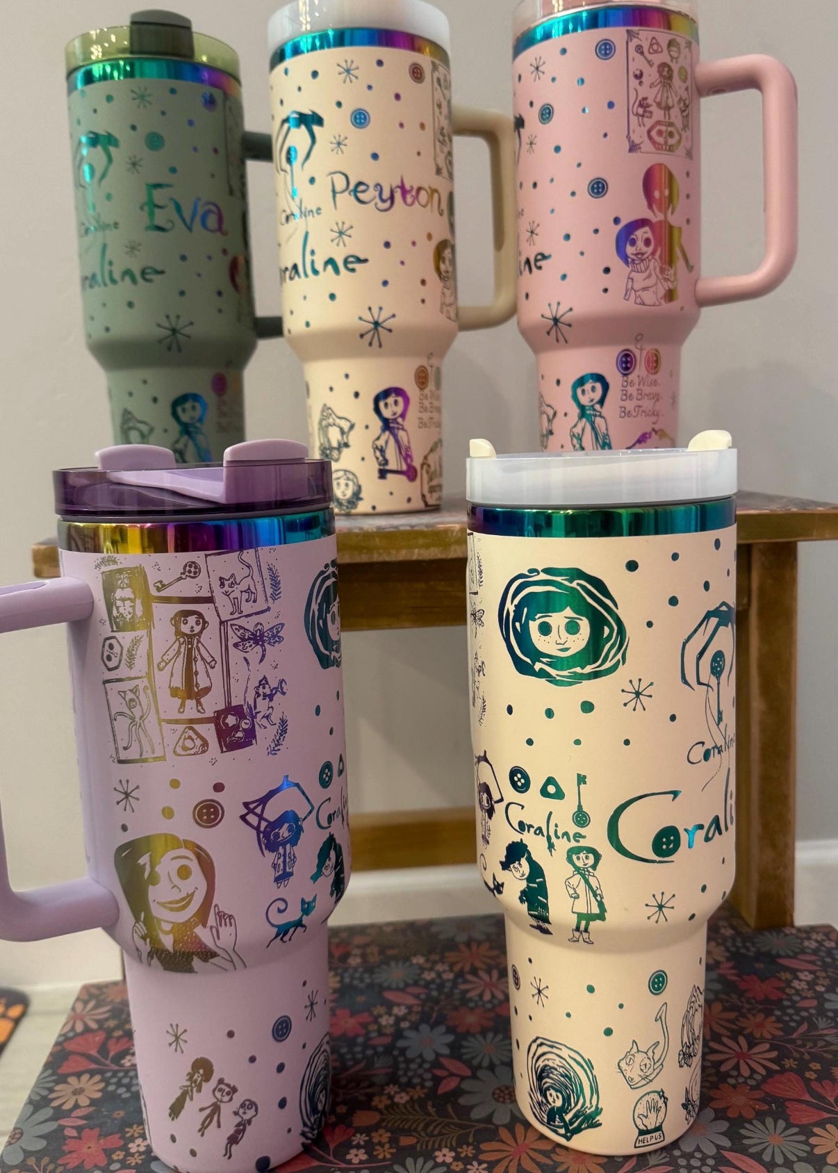 40oz laser engraved Coraline tumbler