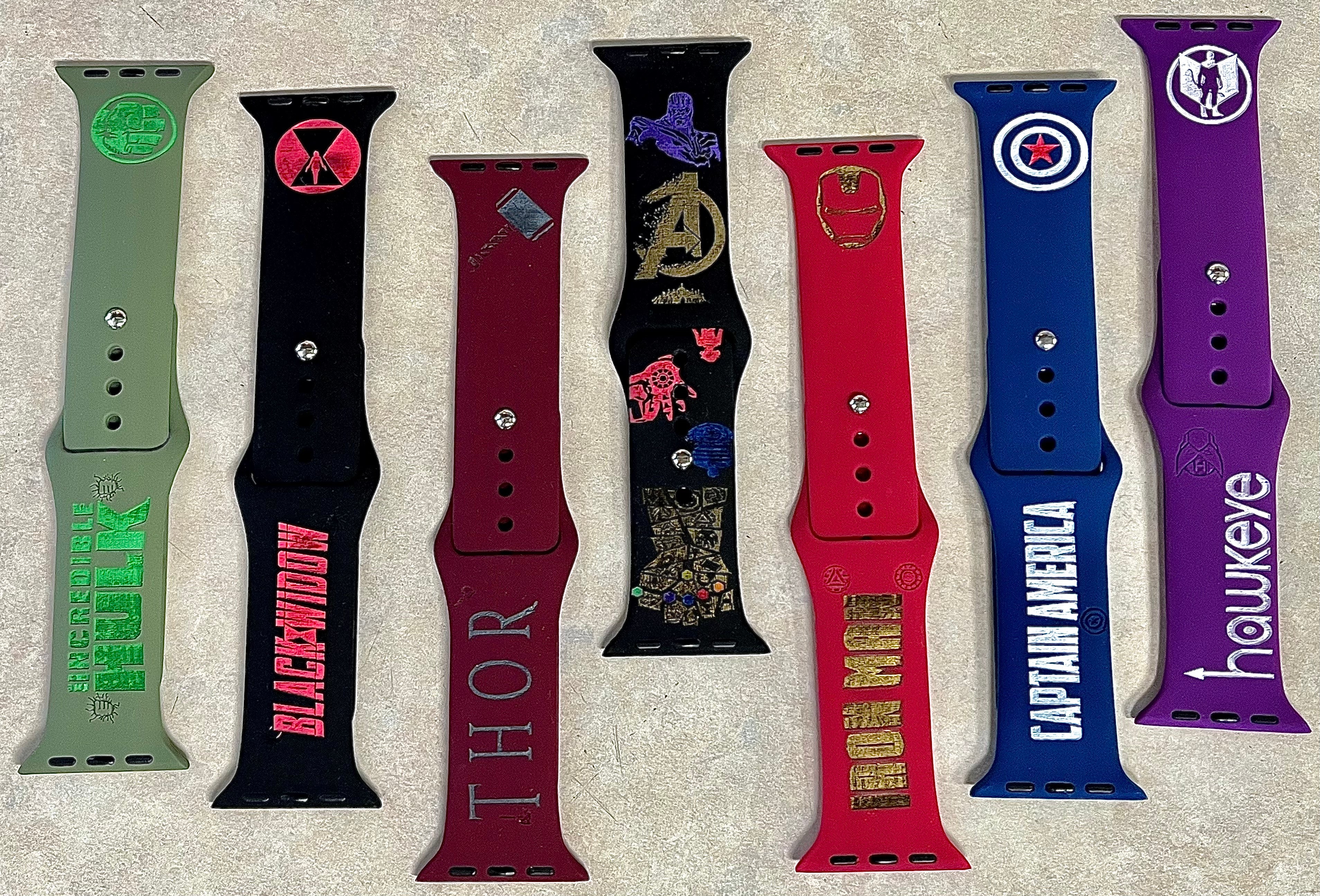 Marvel and DC comics themed laser engraved Apple Watch bands